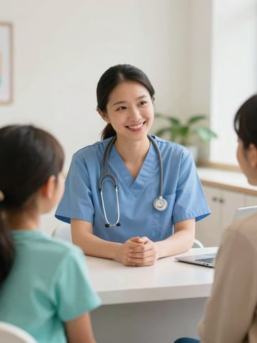 A friendly nurse consulting with a family in a bright, welcoming Indiana health center reception area, soft natural daylight, shallow depth of field, warm tones