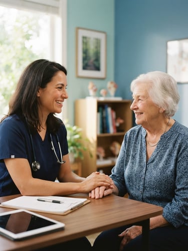 A warm editorial photograph of a friendly doctor consulting with an older patient in a sunlit, welcoming clinic room, soft natural daylight, shallow depth of field, 35mm