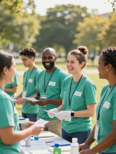 A group of cheerful diverse volunteers in matching green t-shirts setting up outdoor health screening booths in a sunny Indiana park, laughing and interacting naturally, warm afternoon light.