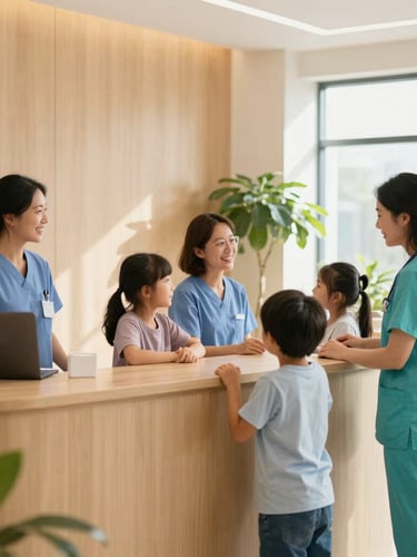 Warm indoor photography of a welcoming, sunlit health center reception area with soft wooden textures and green plants, a diverse family interacting naturally with staff, 35mm