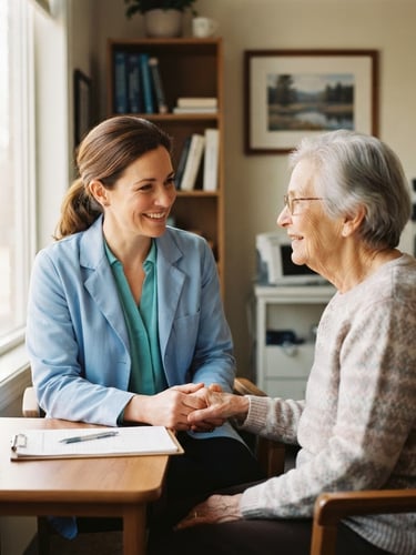 Warm editorial photography of a friendly female doctor in a soft blue coat consulting with an elderly patient in a sunlit Indiana clinic room, shallow depth of field, 35mm