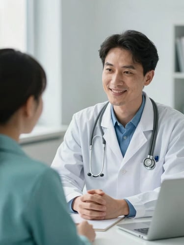 Warm editorial photography, soft natural daylight, a friendly doctor consulting with a patient in a welcoming healthcare setting, shallow depth of field, 35mm