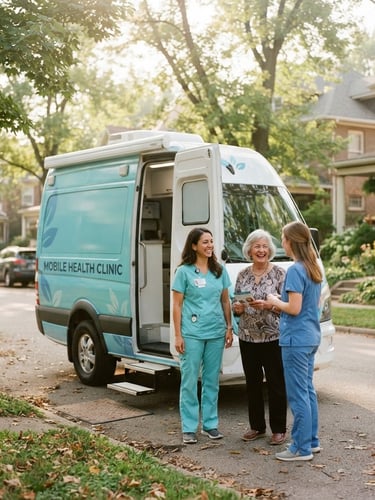 A warm, sunlit mobile health clinic van parked in an Indiana neighborhood, friendly healthcare professionals chatting with local residents outside, soft morning light, shallow depth of field, 35mm.