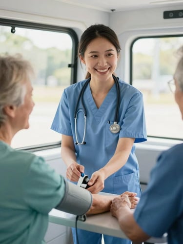 A friendly nurse in soft blue scrubs conducting a blood pressure screening for an elderly patient inside a bright, welcoming mobile clinic, warm natural light, reassuring smile, shallow depth of field.