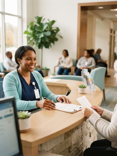 A warm, sunlit reception area of an Indiana community health center, soft natural daylight, welcoming and clean atmosphere, shallow depth of field, 35mm