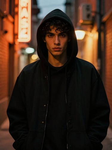 Cinematic portrait of a model wearing a heavy black hoodie in a dark Montreal alleyway at night, dramatic orange neon rim lighting, high contrast, anamorphic lens, 35mm film grain.