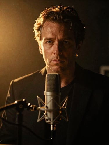 Dramatic high-contrast portrait of Franco behind a broadcast microphone in his Montreal studio, warm gold backlighting, dark charcoal background, anamorphic lens, 35mm film grain