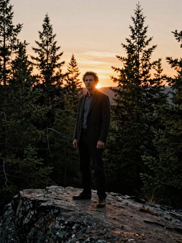 Dramatic cinematic portrait of Franco standing on a rocky cliff overlooking a dense Quebec pine forest at dusk, warm gold backlighting, anamorphic lens, 35mm film grain.