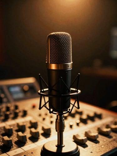 Dramatic close-up of a broadcast microphone and mixing console in a dark studio, warm gold backlighting, high contrast, cinematic atmosphere, 35mm film grain