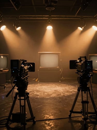 Atmospheric wide angle shot of a dark-key television studio in Montreal, warm gold spotlights cutting through haze, professional cameras focused on an empty set, moody cinematic lighting