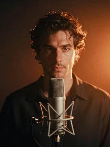 Cinematic portrait of Franco behind a high-end broadcast microphone in a dark studio, warm orange backlighting, moody atmosphere, 35mm film grain