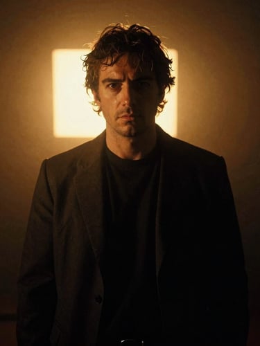 Low-key dramatic portrait of Franco in a dark Montreal studio, warm golden backlighting, anamorphic lens, 35mm film grain.