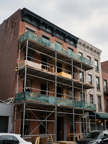 Wide documentary shot of a Brooklyn brownstone renovation in progress — scaffolding on the facade, exposed brick and structural steel visible through open floors, overcast morning sky above, urban street context at lower frame edge