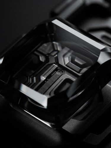 macro close-up of dark glass refraction, high-contrast monochrome, sharp studio lighting, deep shadows, premium metallic textures, 8k