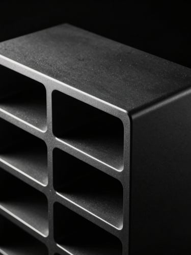 monolithic metallic structure reflecting low-key dramatic studio lighting, sharp high-contrast shadows, dark minimalist tech photography, 8k