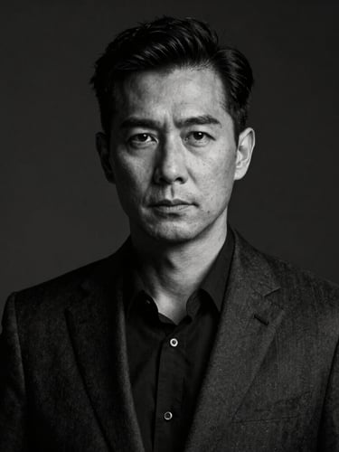 Dramatic editorial black and white portrait of an elite male physician in a tailored dark suit, strong contrast lighting, dark background, professional and uncompromising gaze.