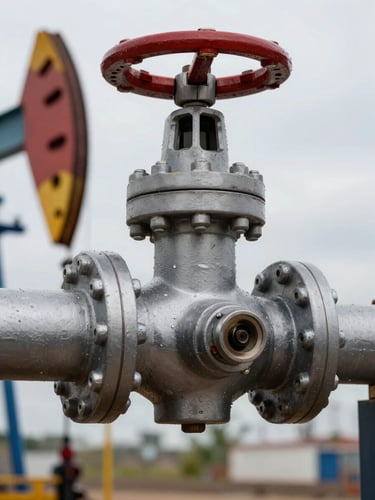 Extreme close-up of a heavy industrial steel pipeline valve, overcast daylight, metallic textures, professional oil and gas infrastructure framing.