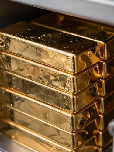 Extreme close-up of pure gold cathode sheets stacked in a secure vault, cool overcast lighting highlighting the metallic texture and sharp edges