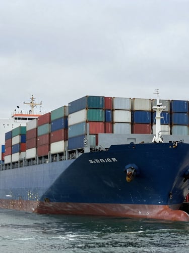 Wide panoramic shot of a massive container ship docked at an industrial port terminal, cool overcast daylight, sharp steel textures.