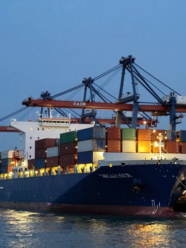 Wide panoramic view of a massive container ship docked at a modern industrial port during dusk, cool blue lighting with sharp amber-gold deck lights, clean composition.