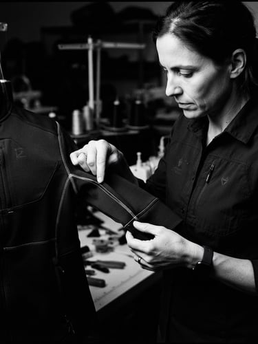 Stark high-contrast monochrome portrait of a technical designer analyzing stitching on a premium black athletic jacket, sharp studio lighting, 35mm film style.