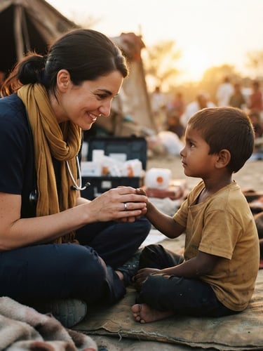 Volunteer doctor in a field clinic gently examining a child, warm golden-hour light, shallow depth of field, compassionate human connection, focus on hands, rich navy and gold tones.