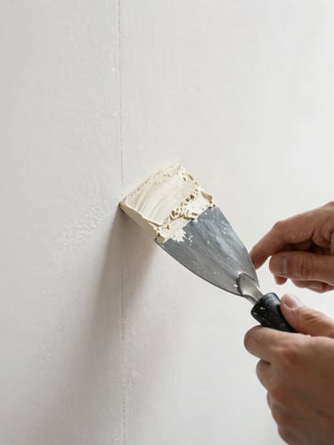Hands taping a drywall joint with precision, plaster compound on a spatula, focused macro shot, bright natural daylight
