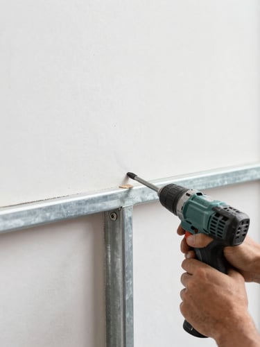 Close-up of a worker's hand securing a plasterboard panel to a galvanized steel frame using a screw gun, sharp focus, construction light