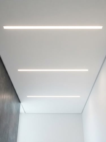 Straight-on architectural elevation of a finished minimalist drywall ceiling with recessed LED lighting, sharp plaster lines, clean white surfaces