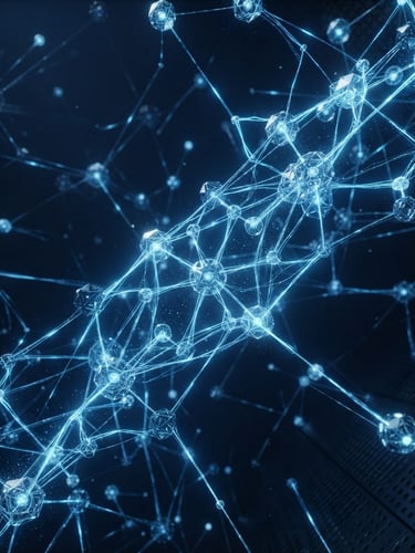 Sleek 3D render of abstract glowing data nodes connected by electric blue light paths, cool-toned, sharp focus, tech-minimalism