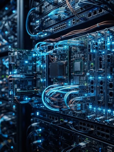 Macro shot of physical server hardware with sharp electric blue diagnostic lighting, high-contrast cool tones, ultra-detailed 3D render of architectural data nodes.