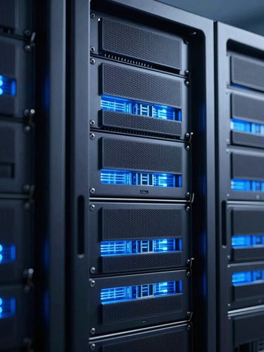 Macro photograph of high-end modern server racks, cool-toned ambient lighting, sharp electric blue accents reflecting off metallic surfaces, clean workspace perspective.