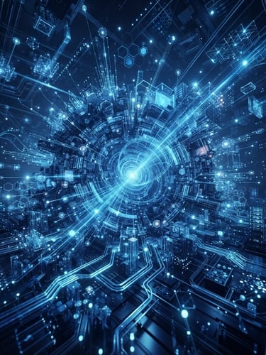 Sleek 3D render of abstract data architecture with deep navy and electric blue lighting, sharp focus, ultra-detailed, cinematic framing.