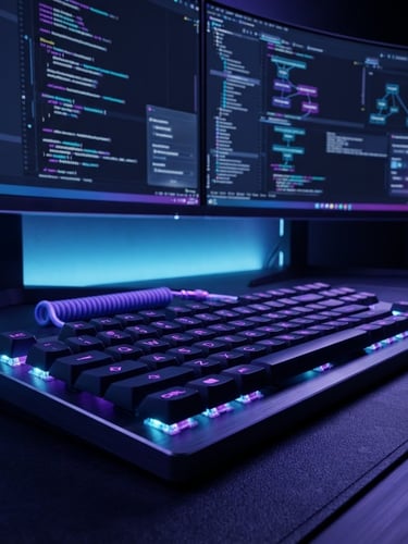 Macro close-up of a high-end mechanical keyboard and glowing dual monitors displaying complex data pipeline code, moody dark-mode backlighting with neon violet accents, sharp depth of field.