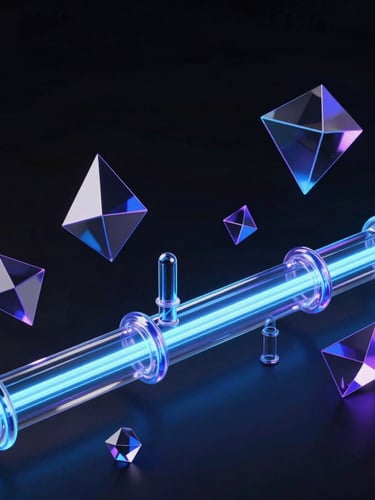 Abstract dark-mode 3D render of glowing glassmorphism pipelines routing neon blue light streams through floating geometric prisms, high contrast studio lighting.