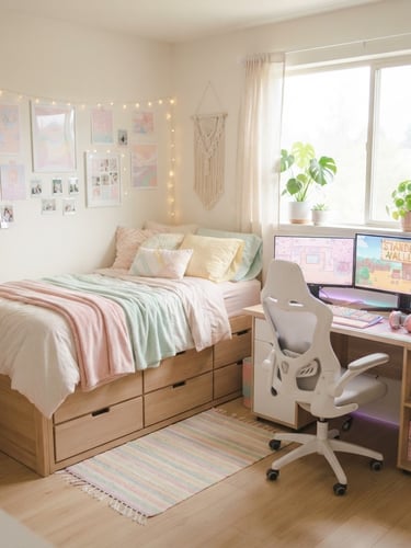 Bright, morning-lit teen bedroom with a storage drawer bed, pastel accents, and a gaming setup, natural light streaming from a window on the right, soft editorial interior photography, shallow depth of field.
