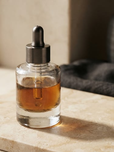 Extreme close-up of Alabastrum's signature serum bottle in heavy glass, casting a soft shadow on warm alabaster, off-center to the left, soft directional window light, luxury editorial photography.