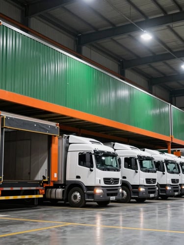 Wide environmental shot of a modern logistics warehouse loading dock, logistics trucks backed up, sharp cool warehouse lighting with safety-orange accents, 35mm lens