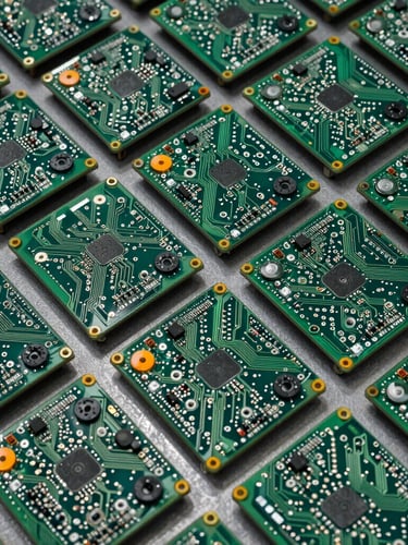 Overhead geometric pattern of sorted circuit boards and electronic components, high-contrast industrial lighting, forest green and safety orange highlights, 35mm lens