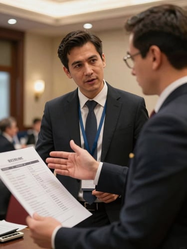 Close environmental shot of two insurance professionals in conversation at a standing table, professional conference setting, warm overhead lighting, one gesturing toward a printed agenda, candid and unposed