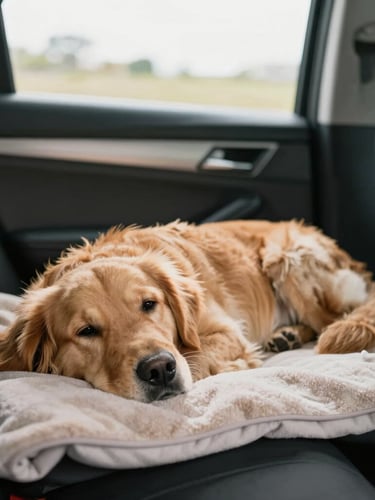 Warm editorial photography of a relaxed golden retriever lying comfortably on a soft blanket inside a clean, modern vehicle cabin, soft natural daylight, 35mm