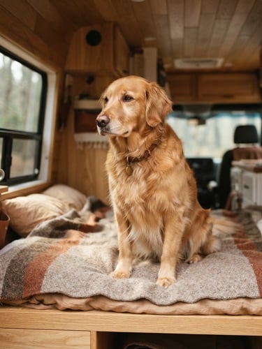 Warm editorial photography of a calm golden retriever sitting comfortably in a clean, spacious custom-fitted vehicle cabin, soft natural daylight, shallow depth of field, 35mm