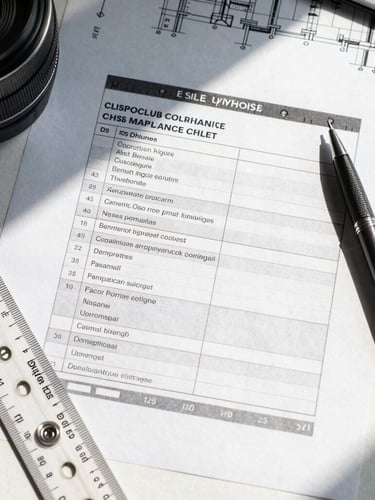 Crisp top-down macro shot of an organized desk with a physical compliance checklist, an architectural blueprint ruler, and a modern pen under bright natural daylight.