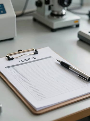 Crisp daylight shot of a clean, organized light manufacturing workspace, focus on a physical clipboard with a clear, structured compliance checklist, technical pen lying beside it.