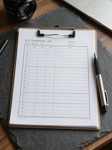 Top-down macro shot of an organized physical workspace with a clean, structured paper checklist and a technical pen on a slate desk, crisp natural light.