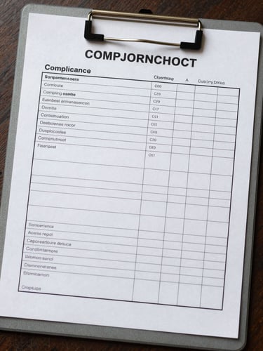 Top-down macro shot of a crisp compliance checklist on a slate-grey metal clipboard, natural daylight, sharp focus on structured grid lines.