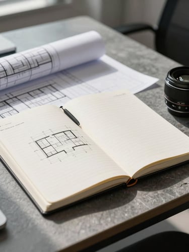 A clean, high-contrast photograph of a modern office workspace with architectural blueprints and a technical notebook laid out on a slate table, natural daylight.