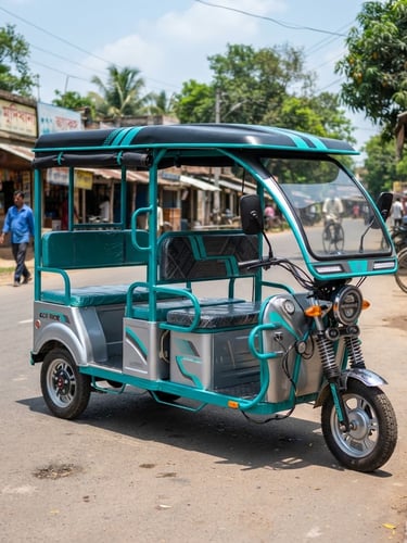 Eye-level medium shot of a clean electric e-rickshaw parked on a sunlit road in West Bengal, vibrant teal accents, sharp focus, 35mm lens.