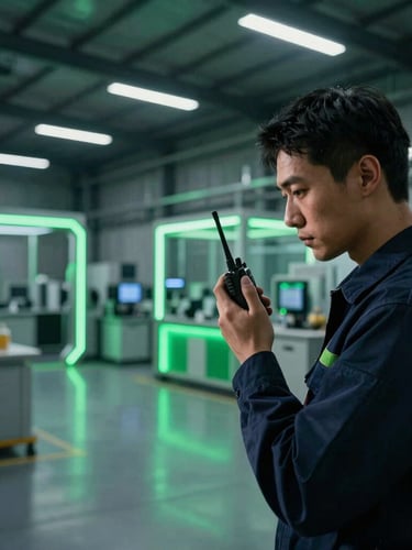 cinematic corporate photography, dramatic low-key lighting with sharp green neon accents, deep navy tones, sharp macro focus, 85mm, wide environmental shot of a large, modern warehouse interior, technician with a two-way radio checking coverage, industrial machinery in background
