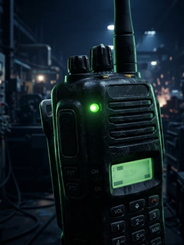 Tight macro shot of a rugged two-way radio with glowing green indicator lights, background blurred industrial facility, dramatic low-key lighting with sharp green rim lights, 85mm.